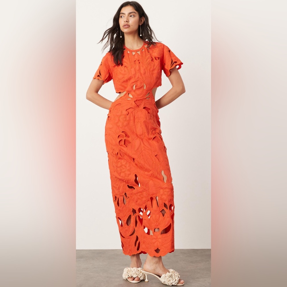 Floral cut work cut out waist midi dress